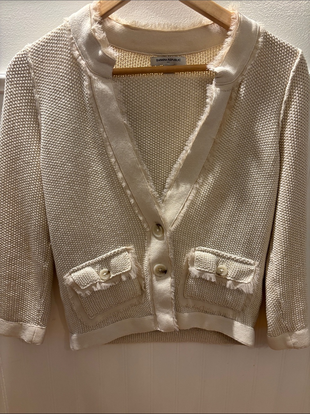 Banana Republic Cream Cropped Fringe-Trim Knit Cardigan